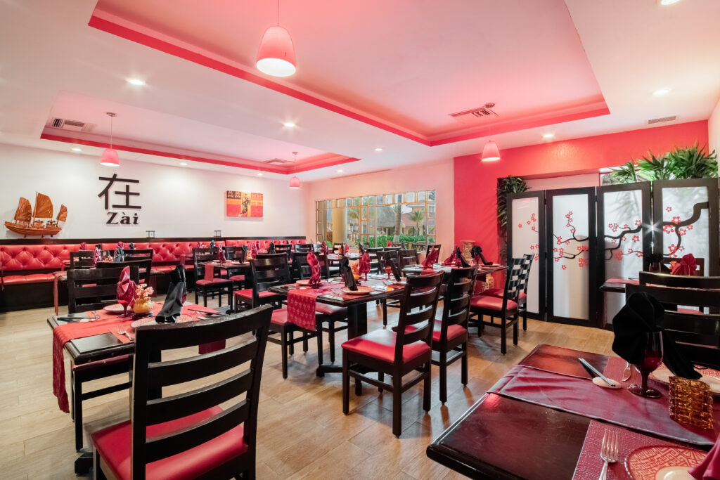 Interior of Zai Oriental restaurant featuring modern Asian-inspired decor and stylish dining ambiance.